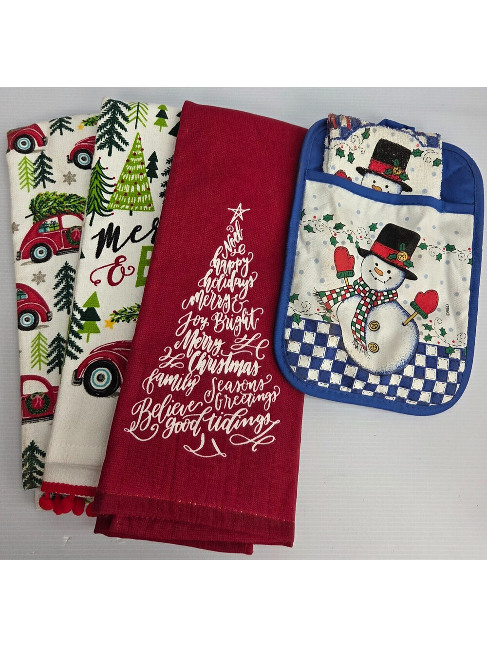 Christmas Kitchen Towels Pot Holder Set Snowman Red Truck Merry Bright Holiday